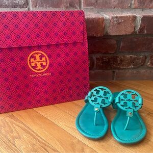 Tory Burch Turquoise Patent Leather Miller Sandals